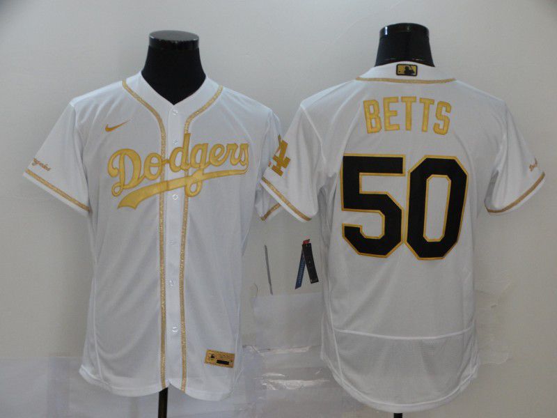 Men Los Angeles Dodgers 50 Betts White Elite Retro gold character Nike MLB Jerseys